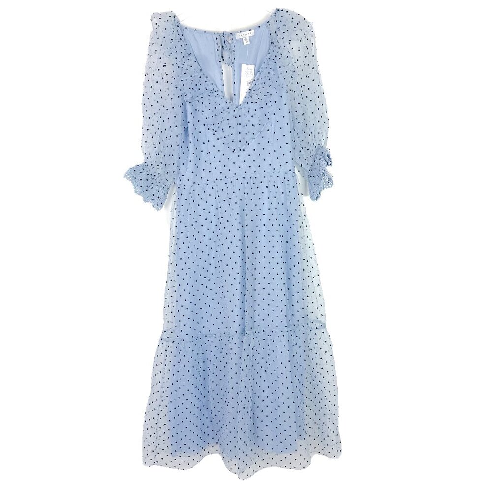 NWT Topshop Spot Taffeta Occasion Dress in Blue Polka Dot Midi Size 6 NEW